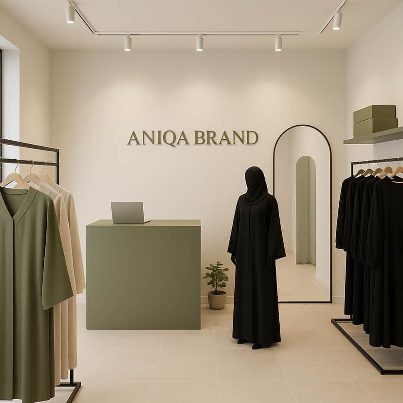 Woman in a black abaya standing in a store with 'Aniqa Brand' displayed on the wall.